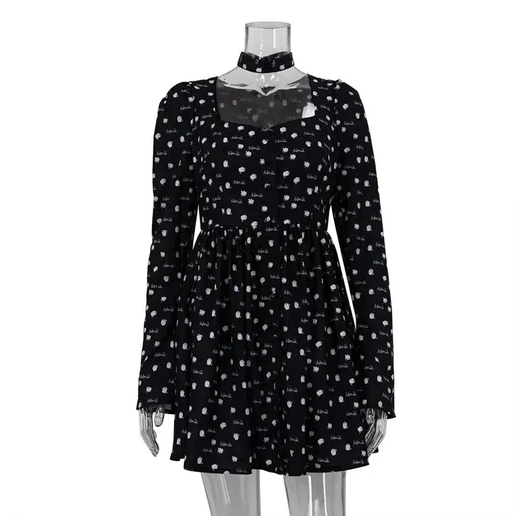 2024 Summer Casual Long Sleeve France Retro Floral Dress for Women