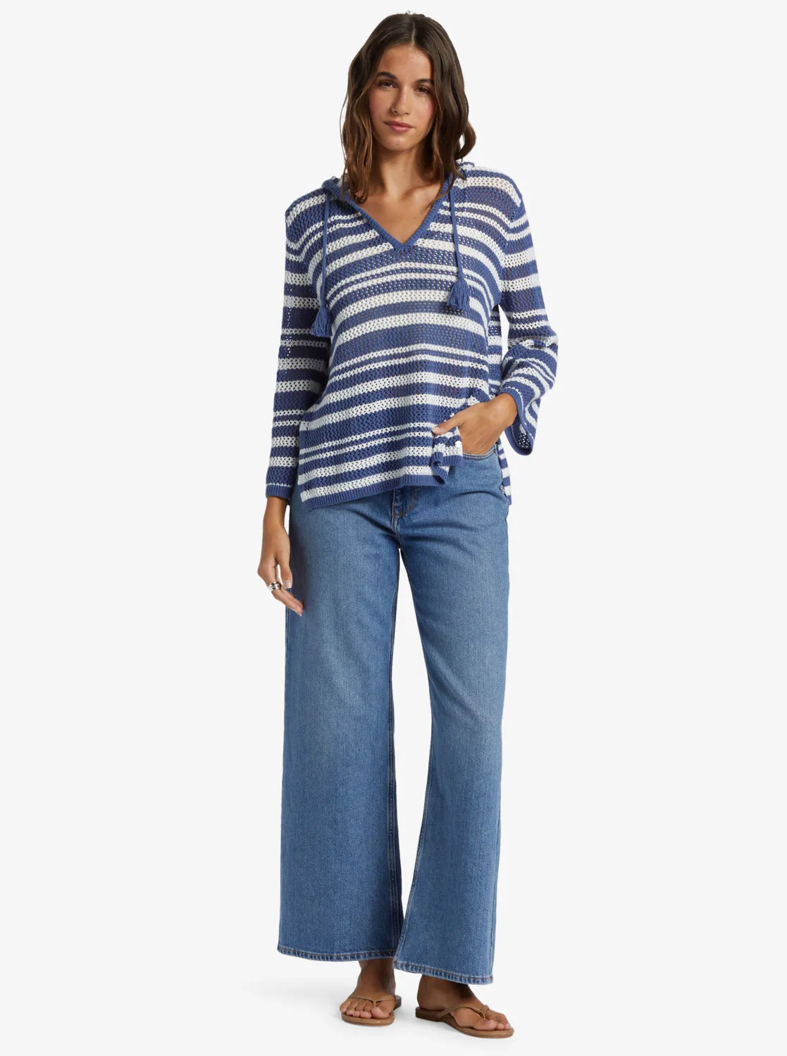 After Beach Break Stripe V-Neck Sweater - Snow White Montauk Stripe