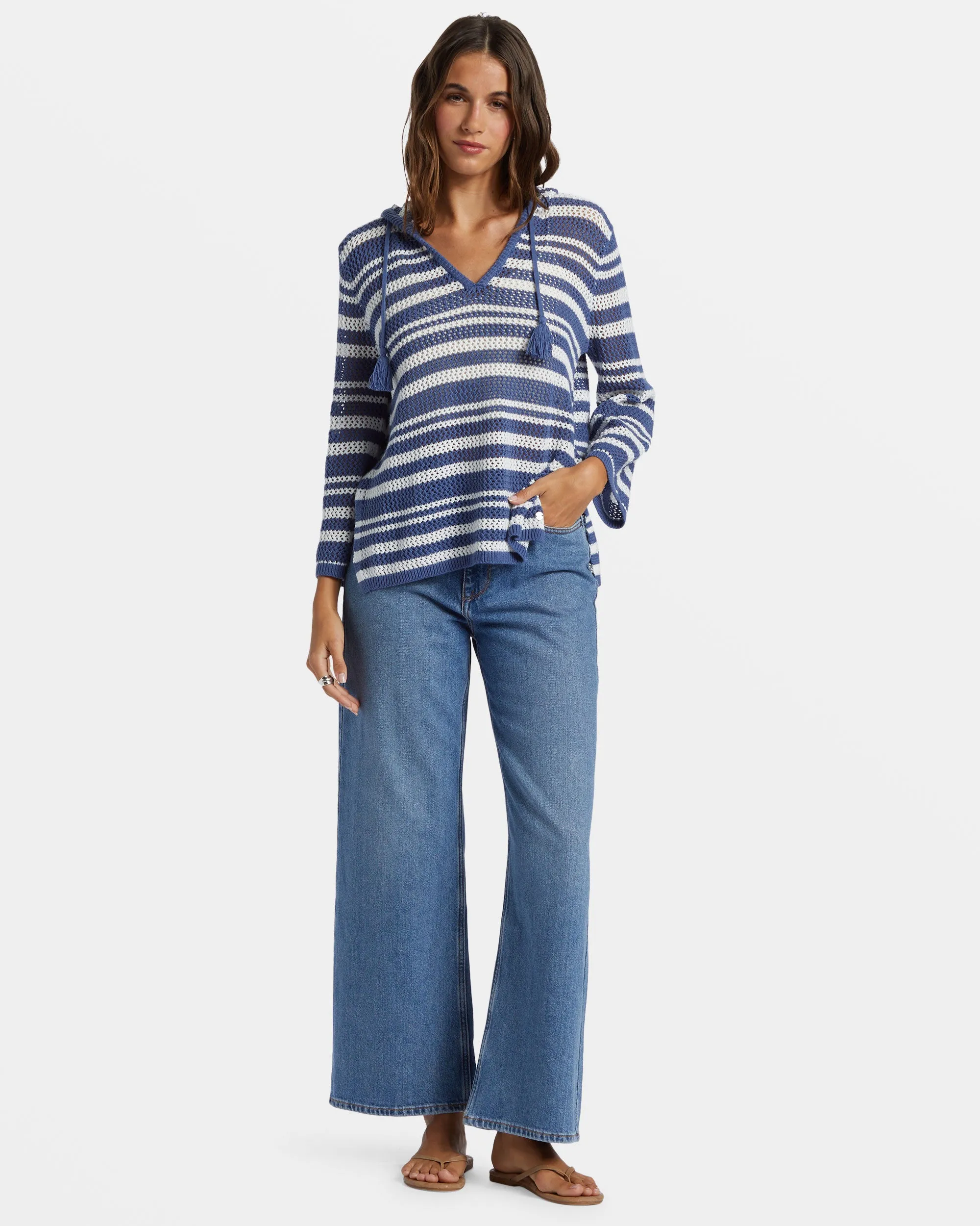 After Beach Break Stripe V-Neck Sweater - Snow White Montauk Stripe