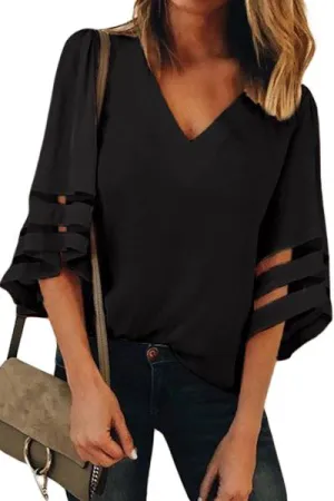 Black Flare Sleeve V Neck Loose Women's Chiffon Blouse