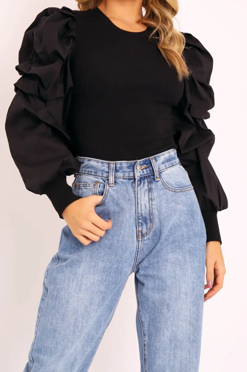 Black Ribbed Shirt Puff Sleeve Top - Kayler