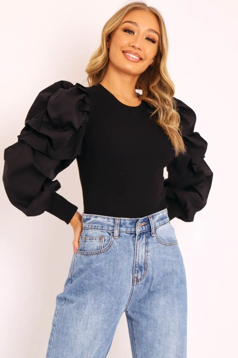 Black Ribbed Shirt Puff Sleeve Top - Kayler