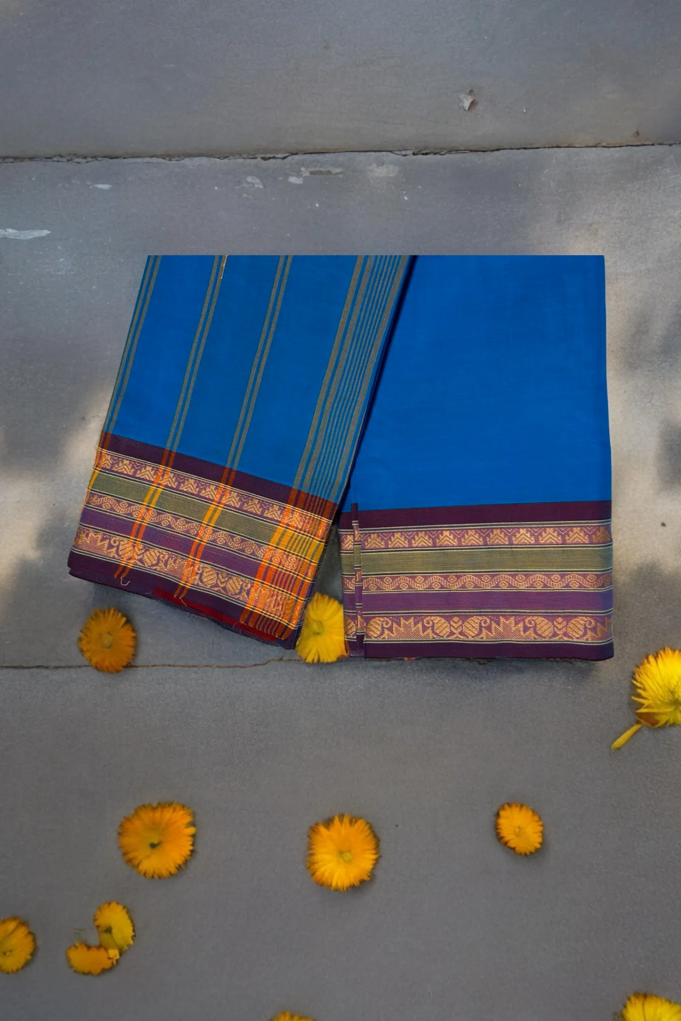 chettinad cotton saree - cerulean blue & gold border