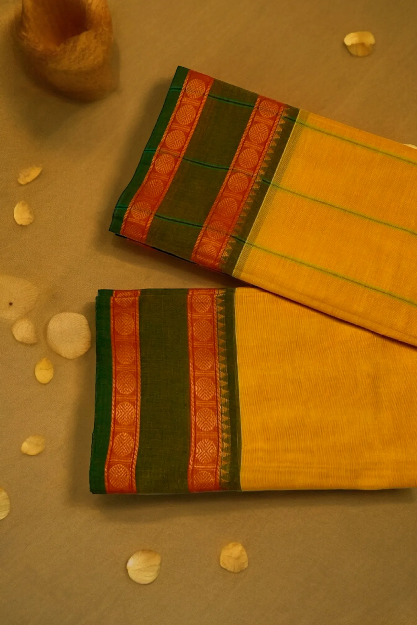 chettinad cotton saree - mango yellow & green border