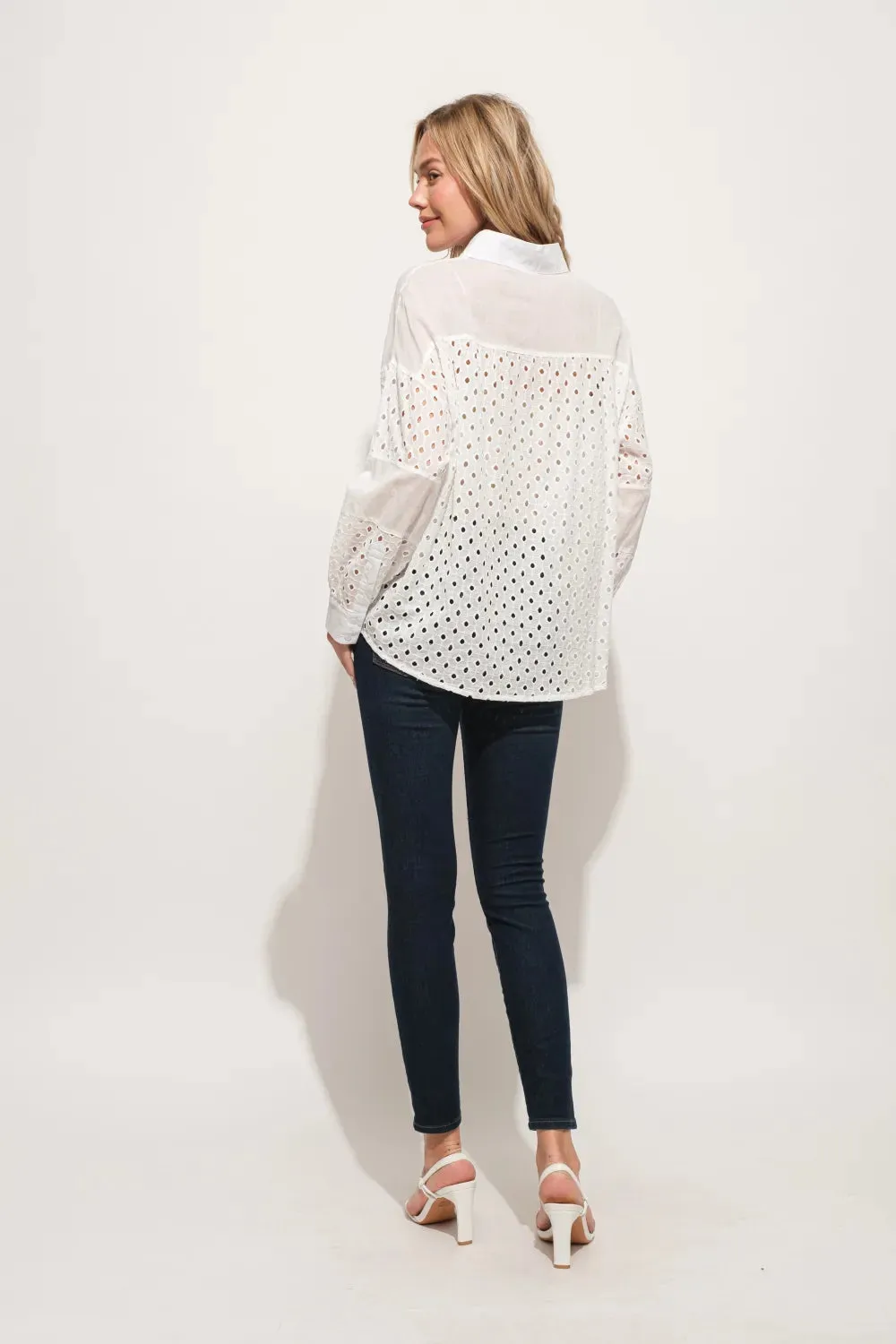 Eyelet Long Sleeve Button Down Shirt