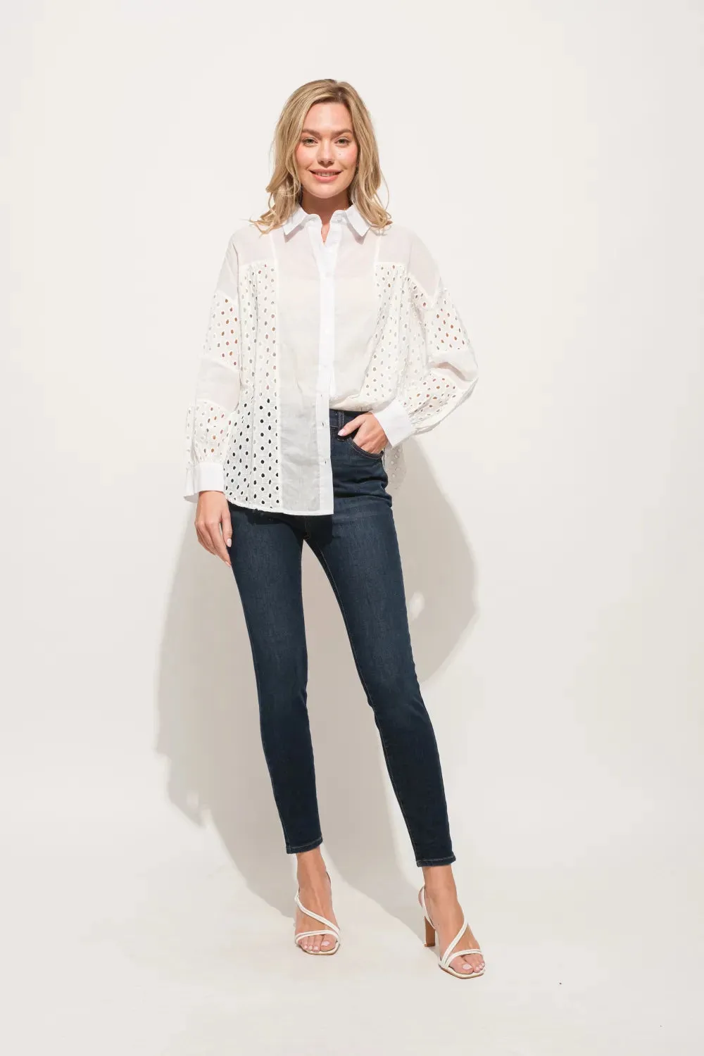 Eyelet Long Sleeve Button Down Shirt