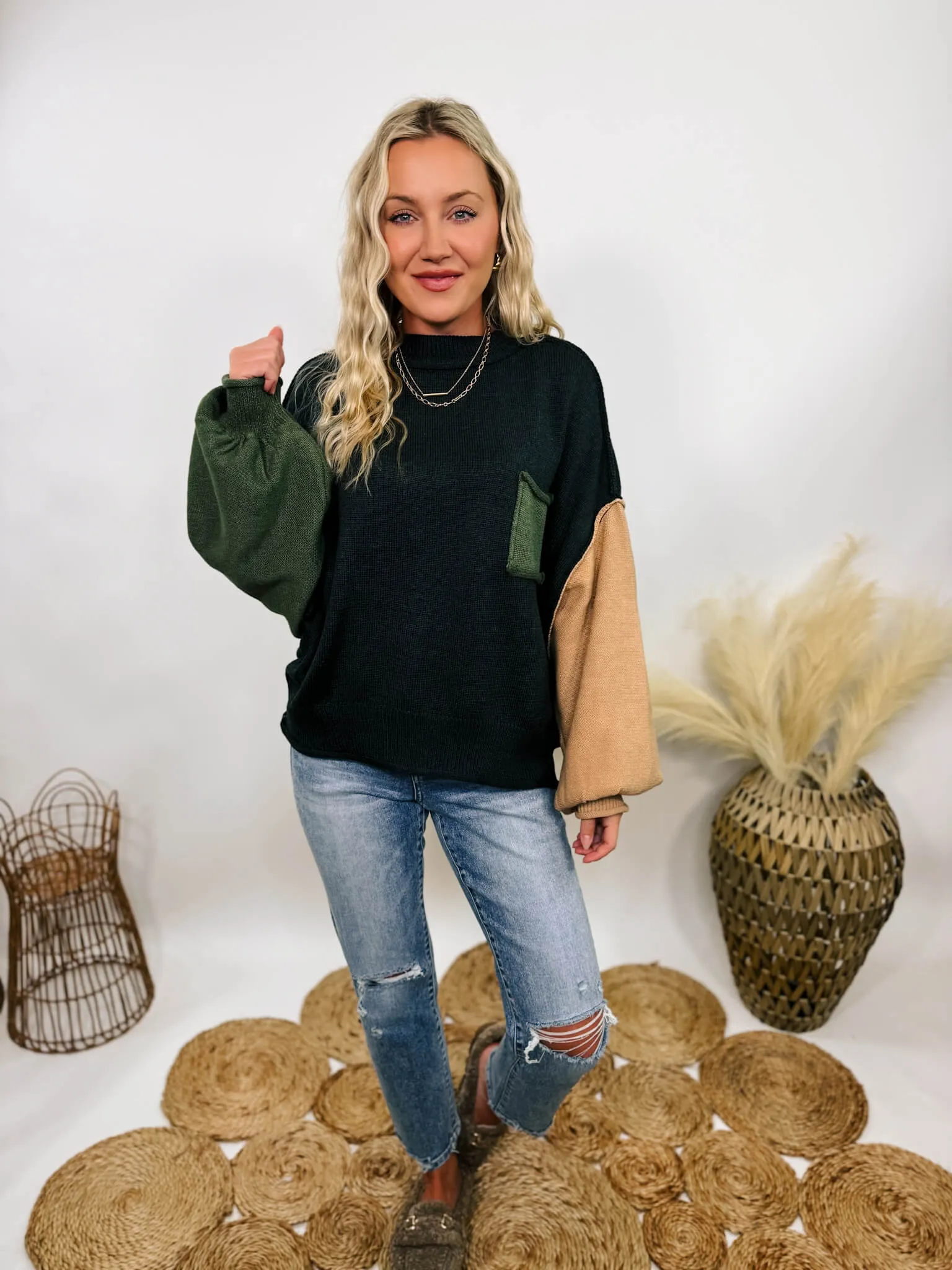 FLASH SALE - Black, Olive, and Camel Mock Neck Color Block Balloon Sleeve Sweater