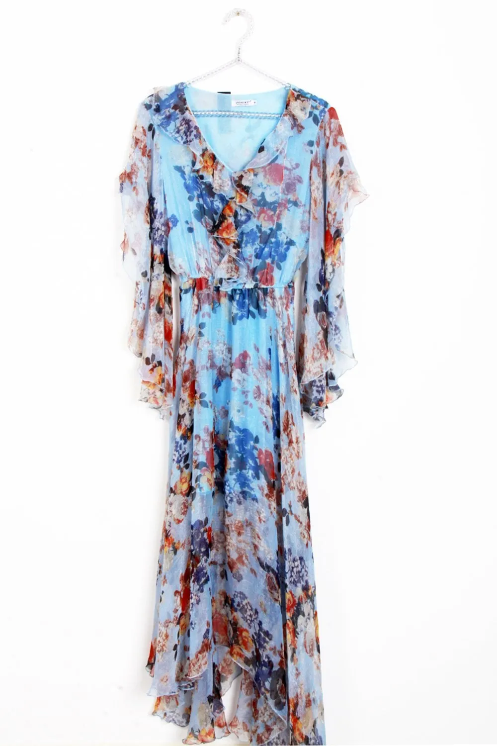 Fresh Blue Floral Summer Print Frill Floaty Dress