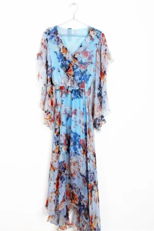 Fresh Blue Floral Summer Print Frill Floaty Dress