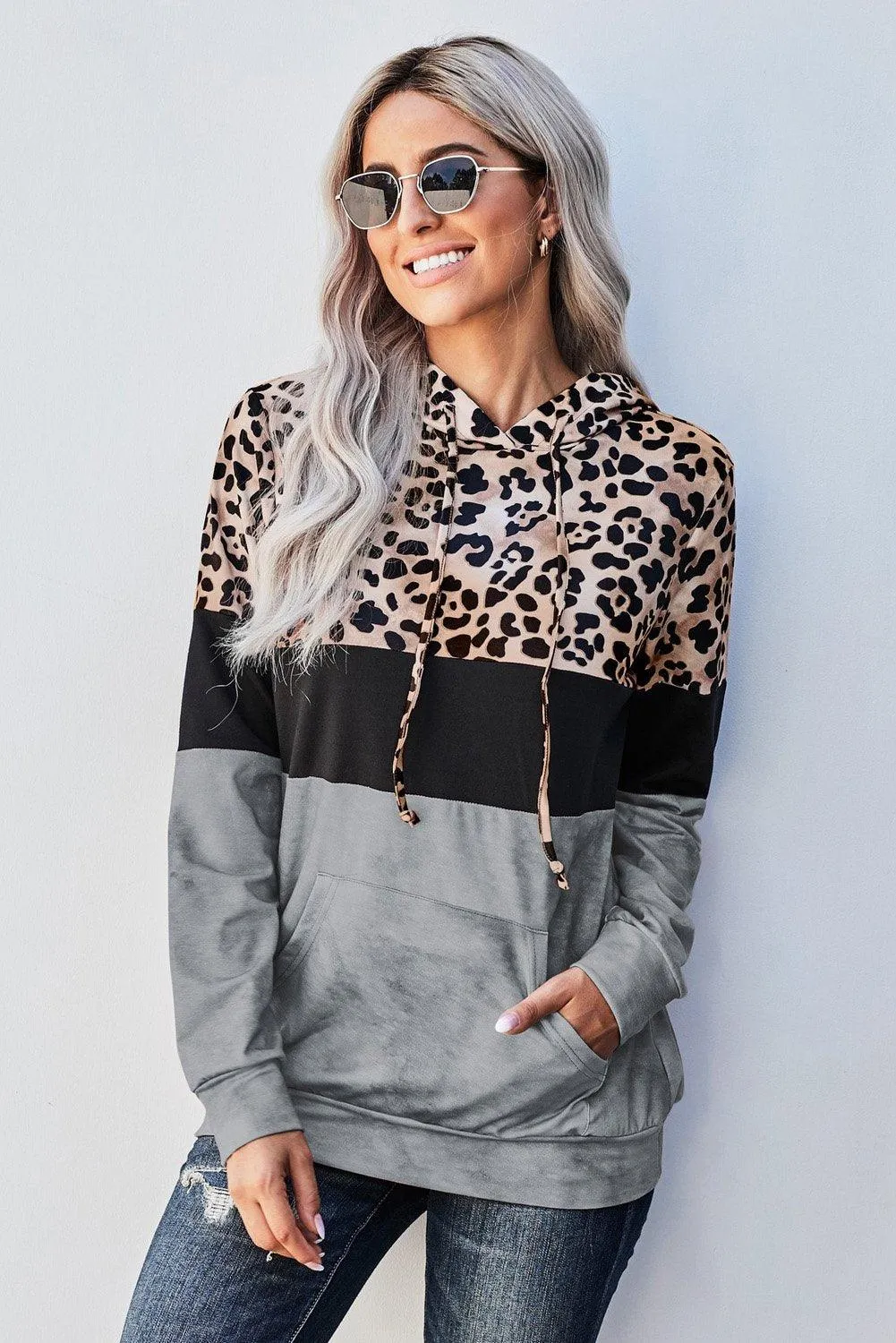 Gray Leopard Tie Dye Colorblock Hoodie