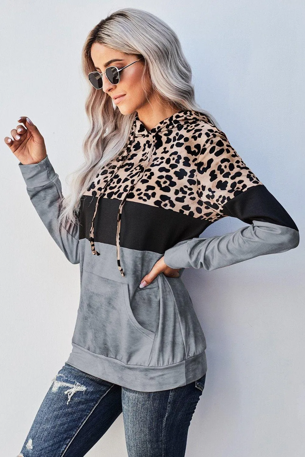 Gray Leopard Tie Dye Colorblock Hoodie