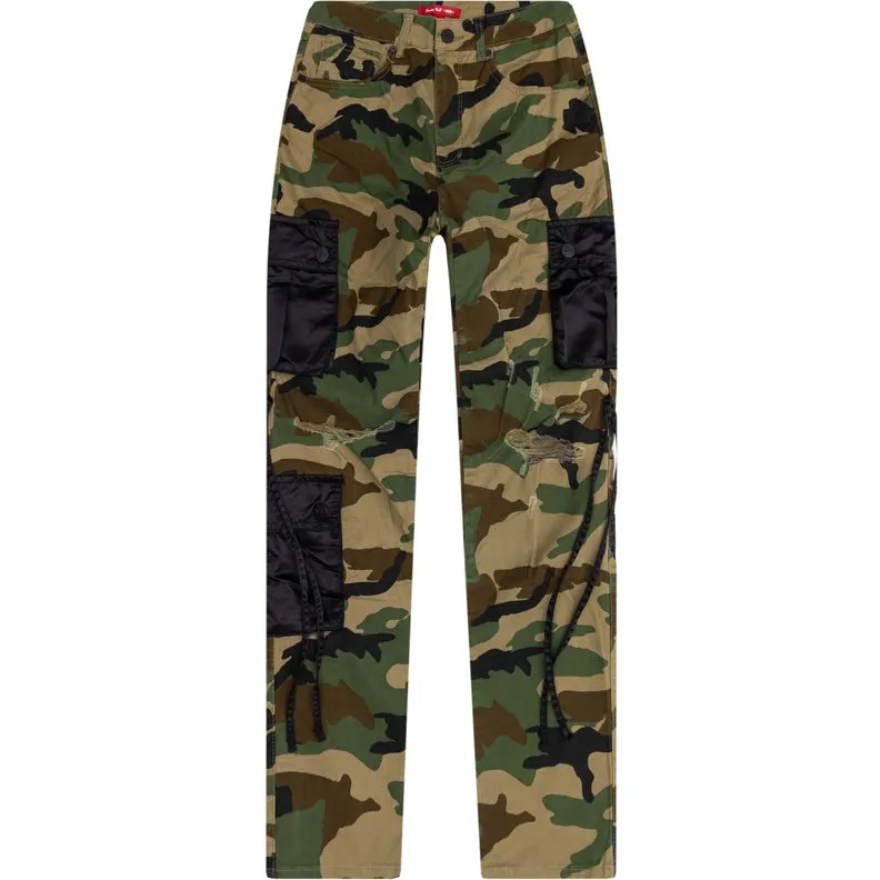 High Rise Relaxed Tapered Mixed Media Utility Twill Pants - Wood Camo