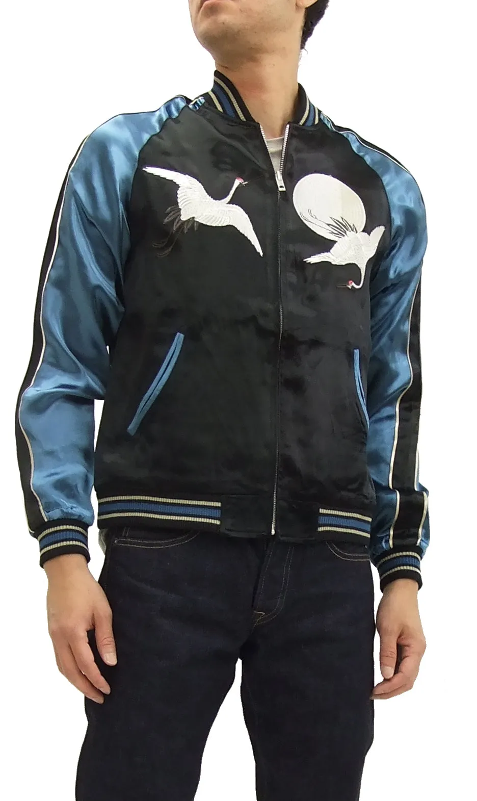 Japanesque Script Japanese Souvenir Jacket 3RSJ-032 Crane with Moon Men's Sukajan Black/Blue