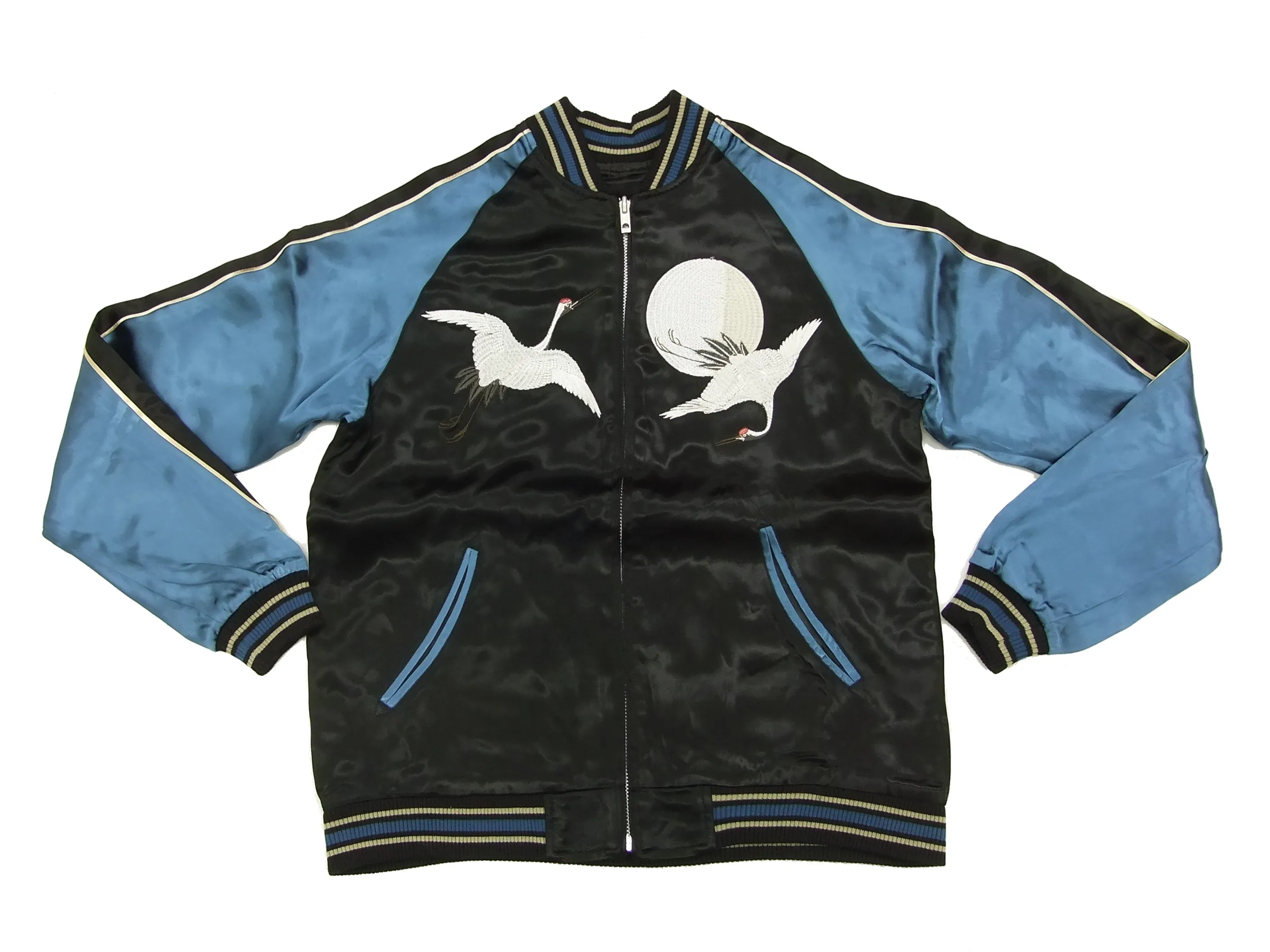 Japanesque Script Japanese Souvenir Jacket 3RSJ-032 Crane with Moon Men's Sukajan Black/Blue