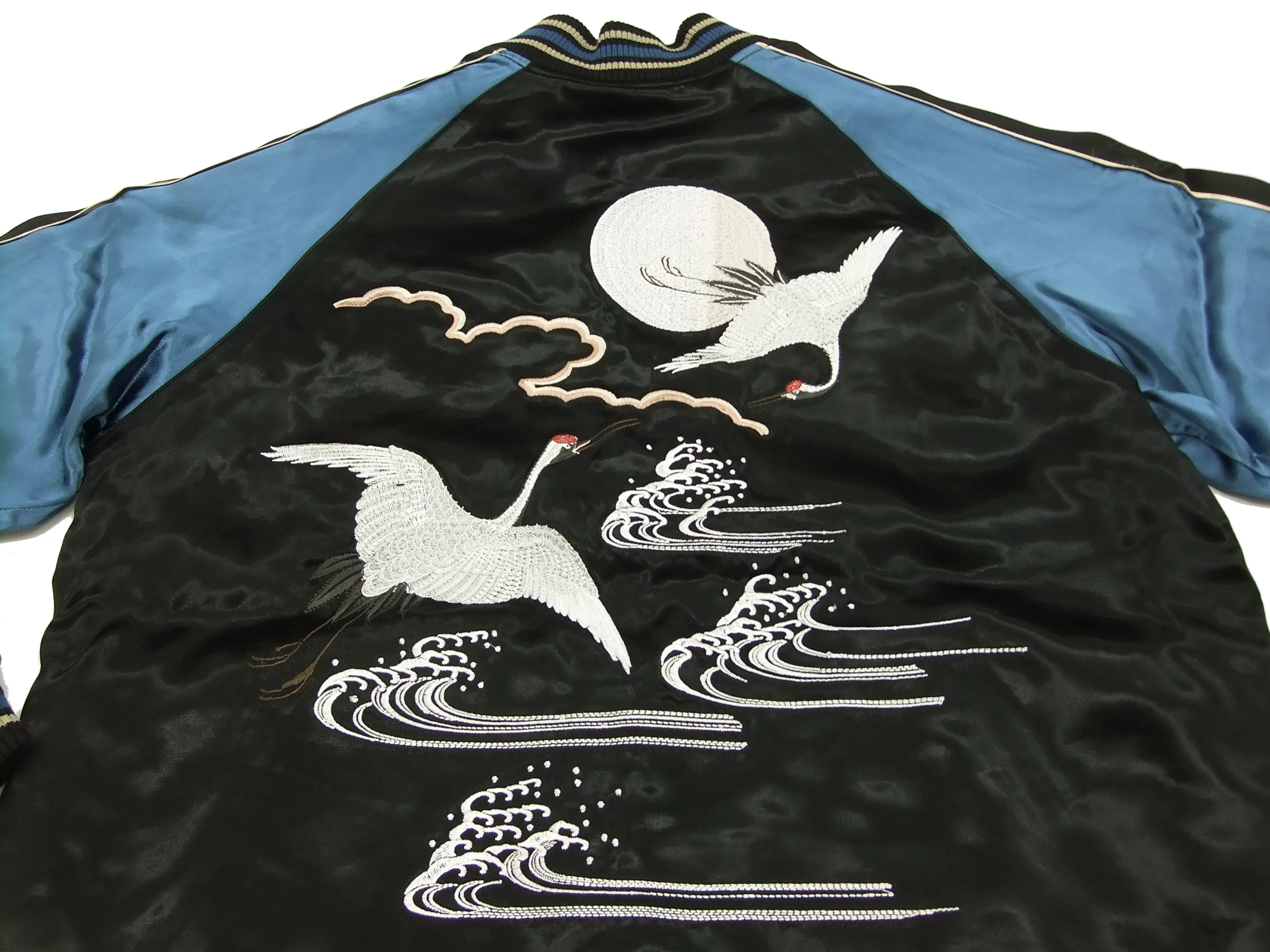 Japanesque Script Japanese Souvenir Jacket 3RSJ-032 Crane with Moon Men's Sukajan Black/Blue