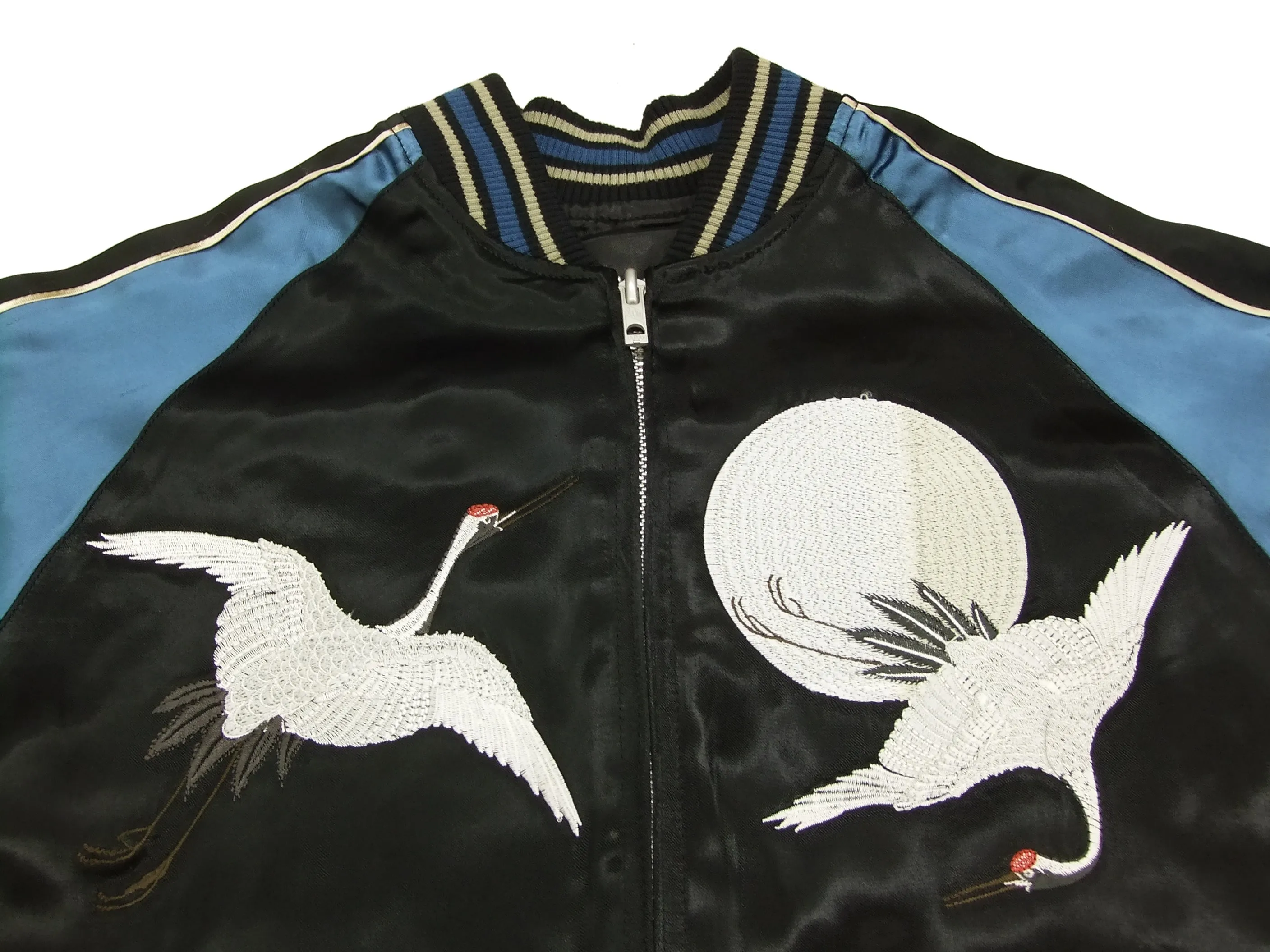 Japanesque Script Japanese Souvenir Jacket 3RSJ-032 Crane with Moon Men's Sukajan Black/Blue