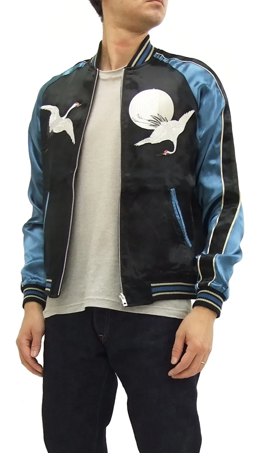 Japanesque Script Japanese Souvenir Jacket 3RSJ-032 Crane with Moon Men's Sukajan Black/Blue