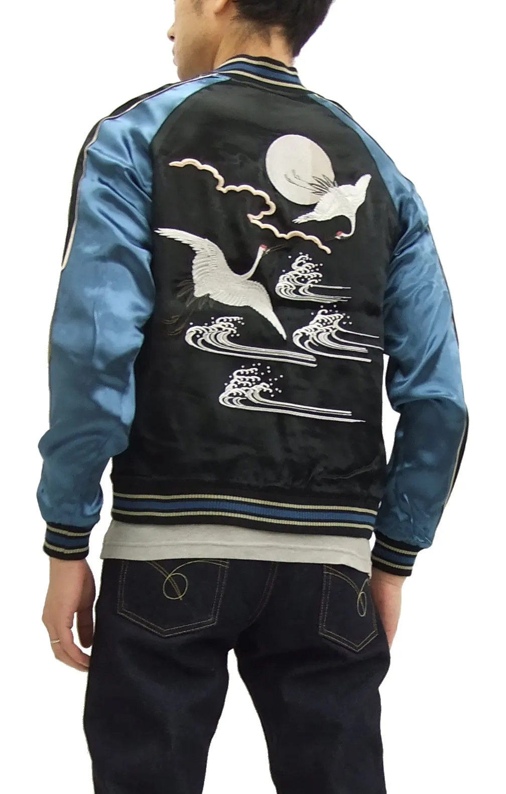 Japanesque Script Japanese Souvenir Jacket 3RSJ-032 Crane with Moon Men's Sukajan Black/Blue