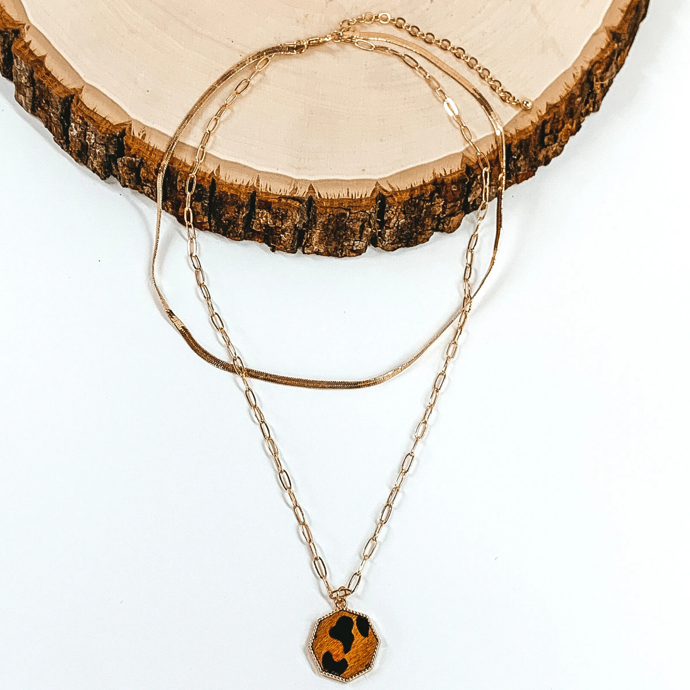 Layered Herringbone Chain Necklace in Gold Tone with Octagon Pendant in Brown Animal Print