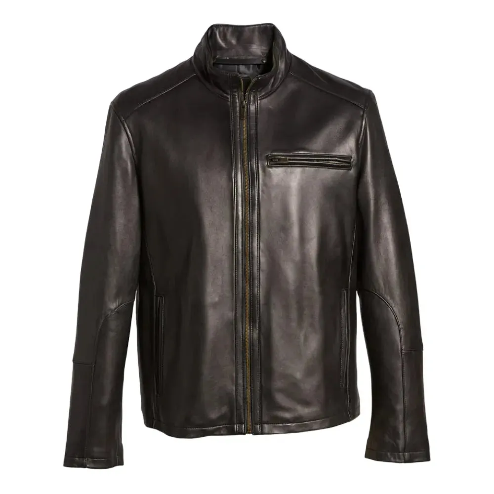 Mens Black Lambskin Leather Moto Jacket