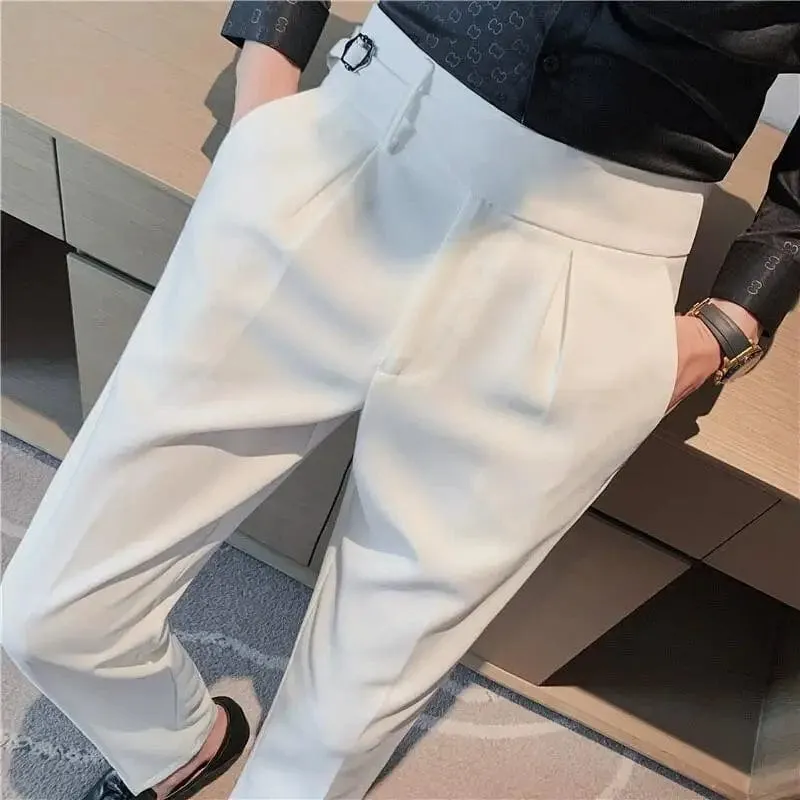 Men's Formal High-Waist Suit Pants with Belt Design - Slim Fit for Office, Social, or Wedding Events