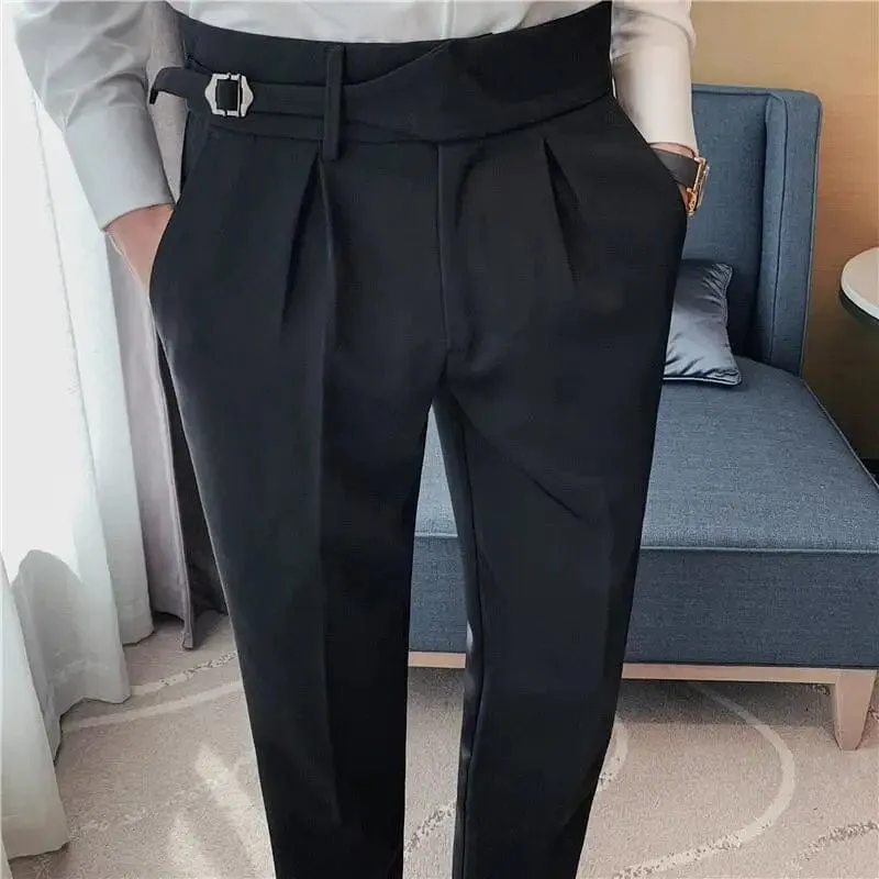 Men's Formal High-Waist Suit Pants with Belt Design - Slim Fit for Office, Social, or Wedding Events