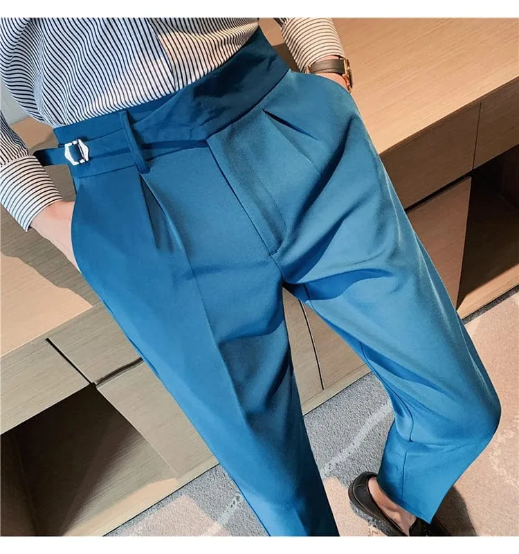 Men's Formal High-Waist Suit Pants with Belt Design - Slim Fit for Office, Social, or Wedding Events