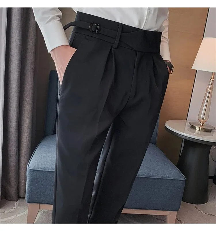 Men's Formal High-Waist Suit Pants with Belt Design - Slim Fit for Office, Social, or Wedding Events