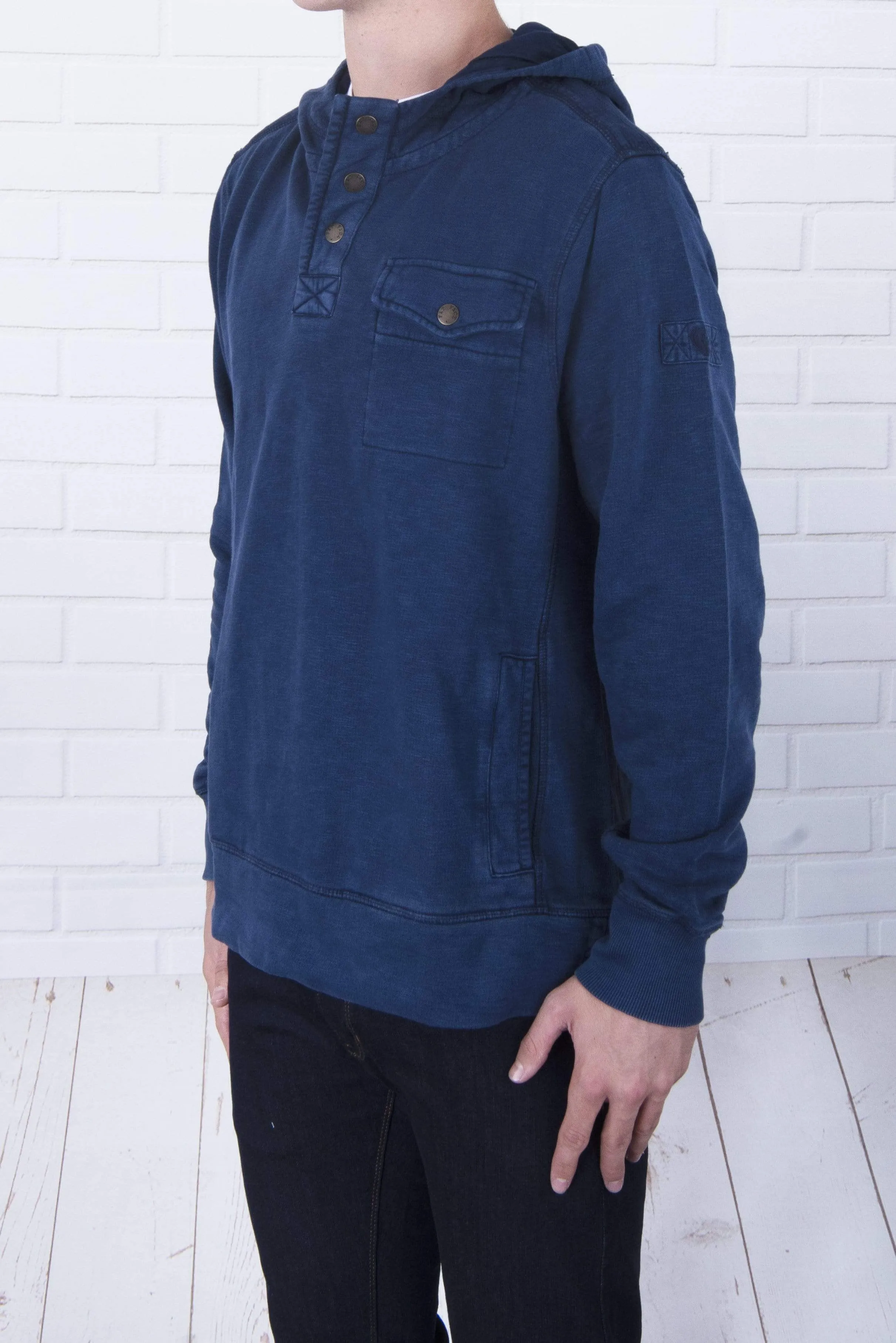 Men's Navy Half Button Pockets Cotton Jersey Sweatshirts Hoodies