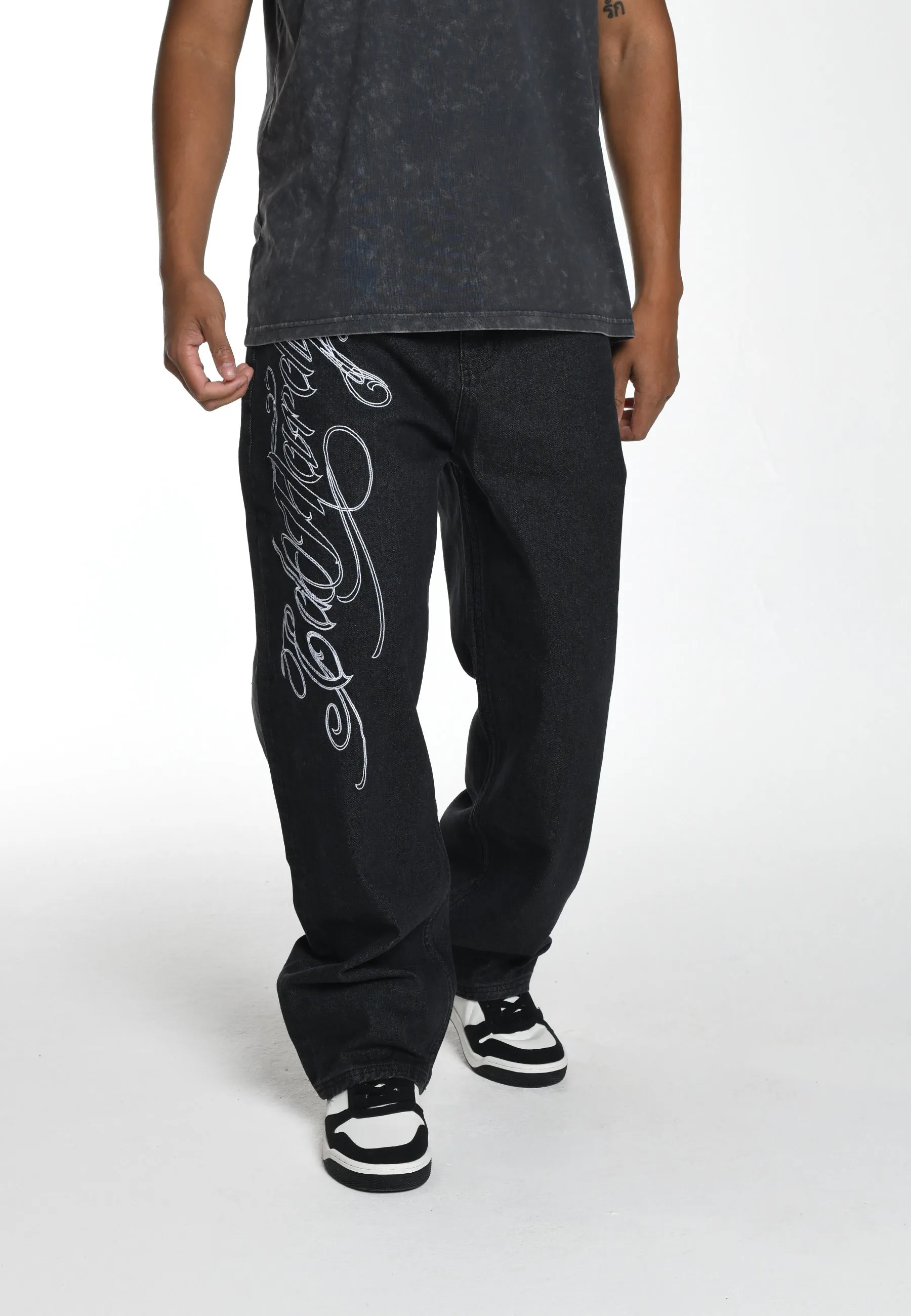 Mens Panther-Slither Tattoo Graphic Relaxed Denim Trousers Jeans - Black