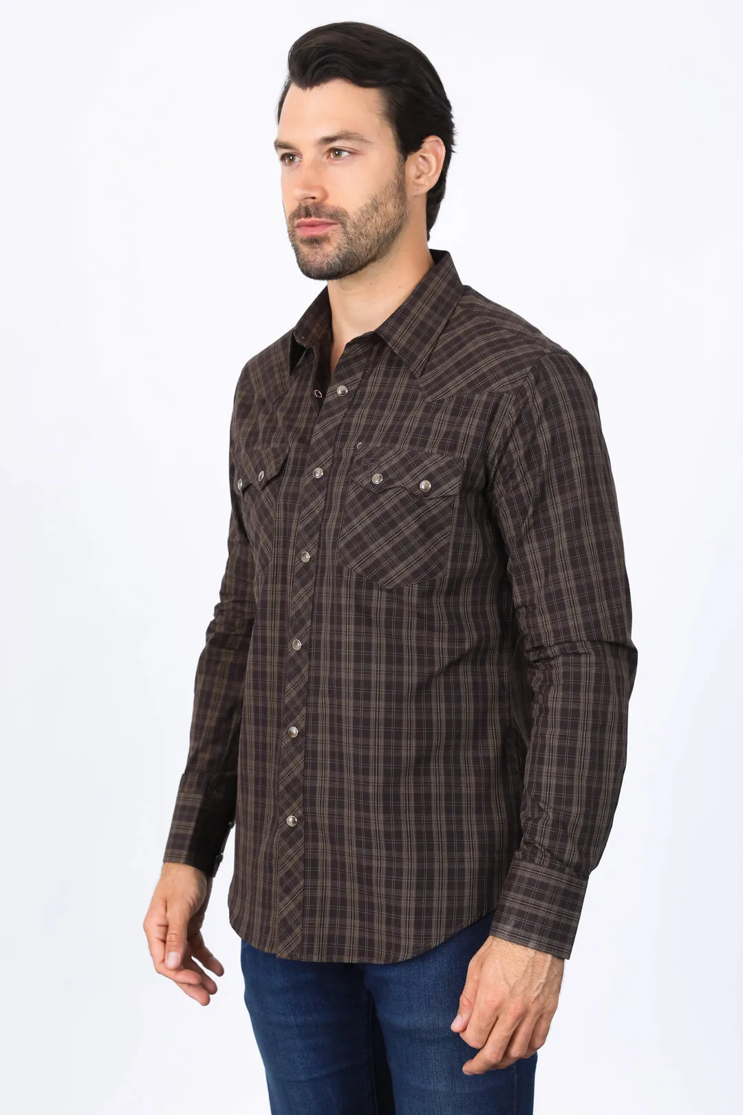 Mens Western Checkered Brown Long Sleeve Shirts