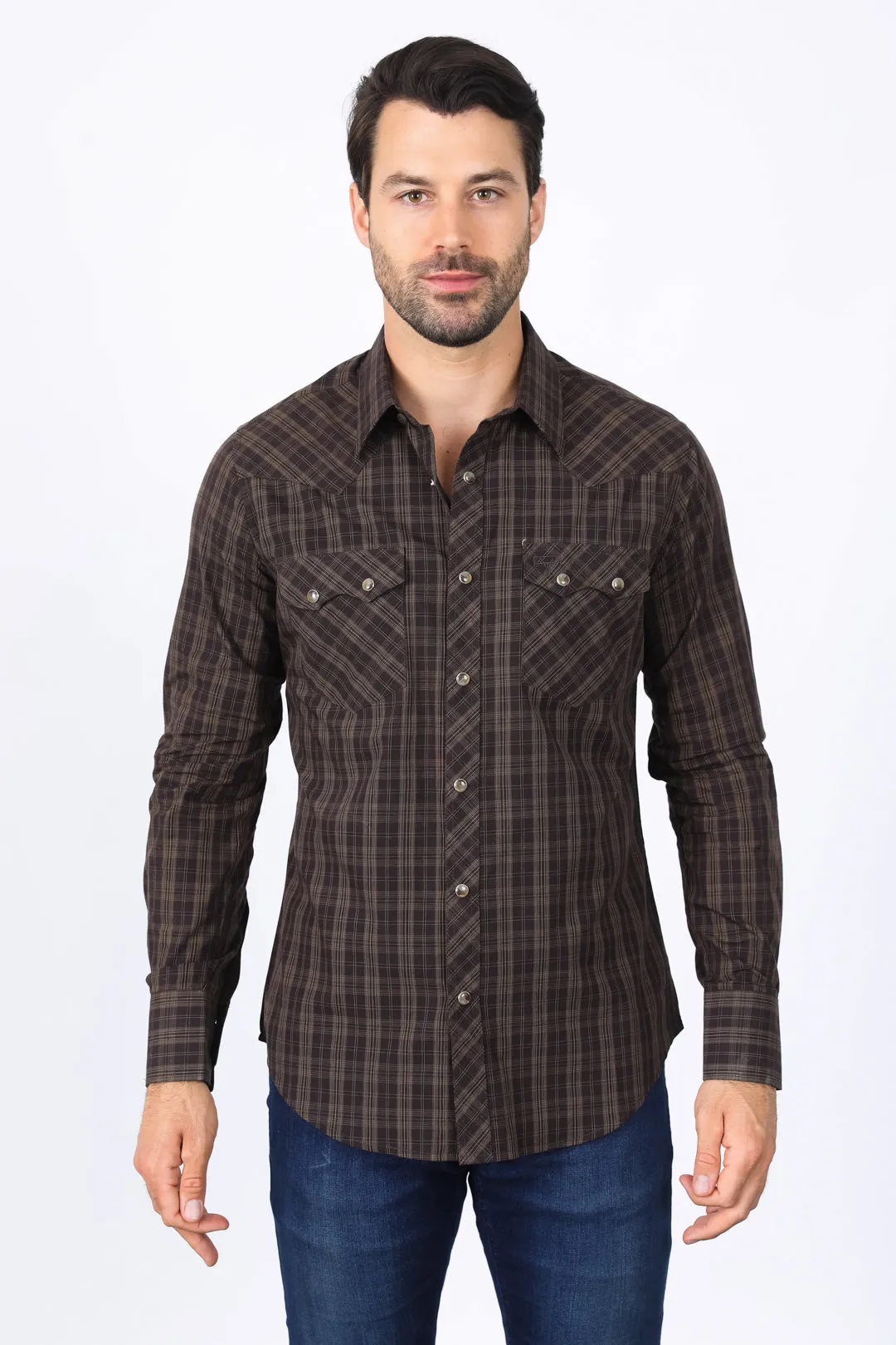 Mens Western Checkered Brown Long Sleeve Shirts