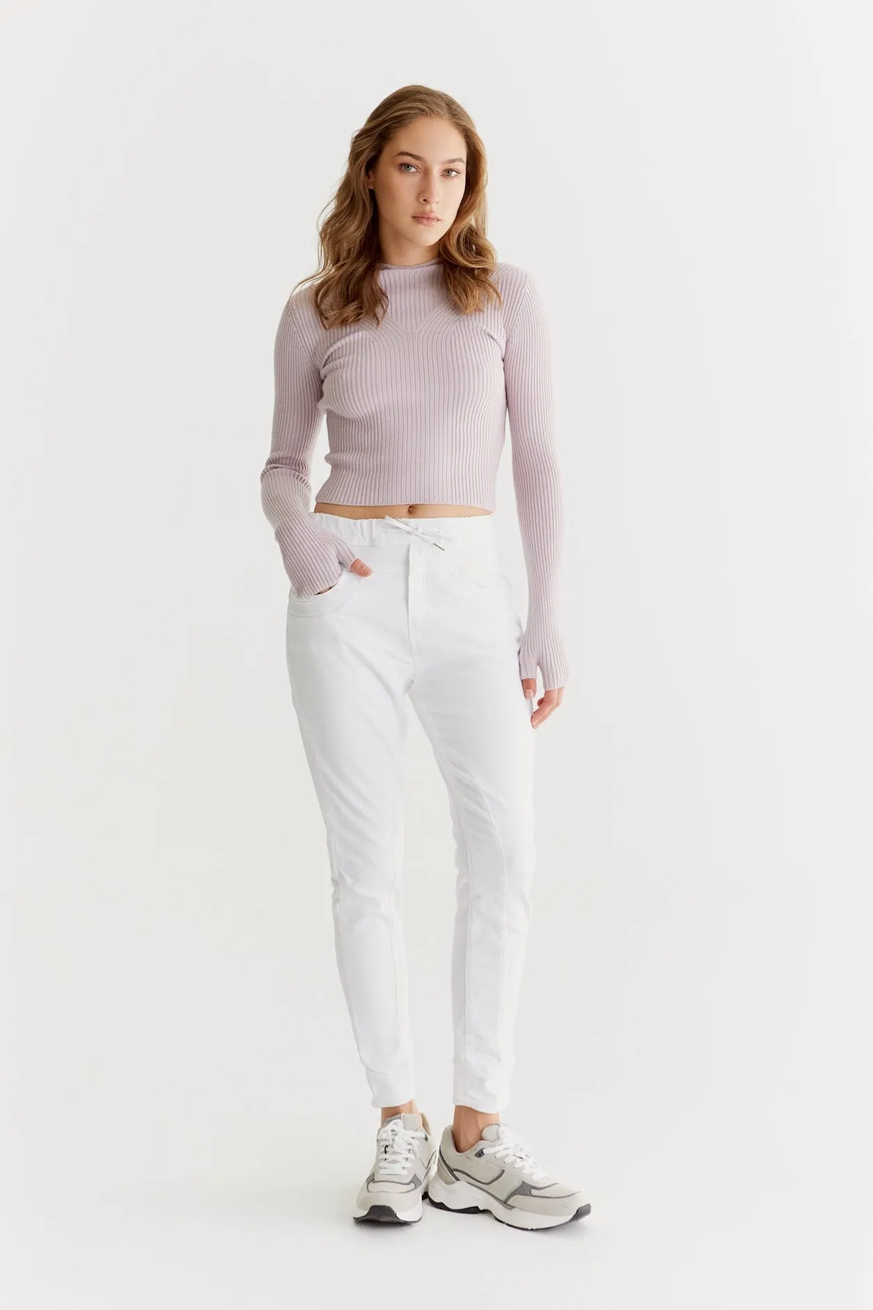 Mila Mid Waist Jogger 5 Pocket Ankle Pants White