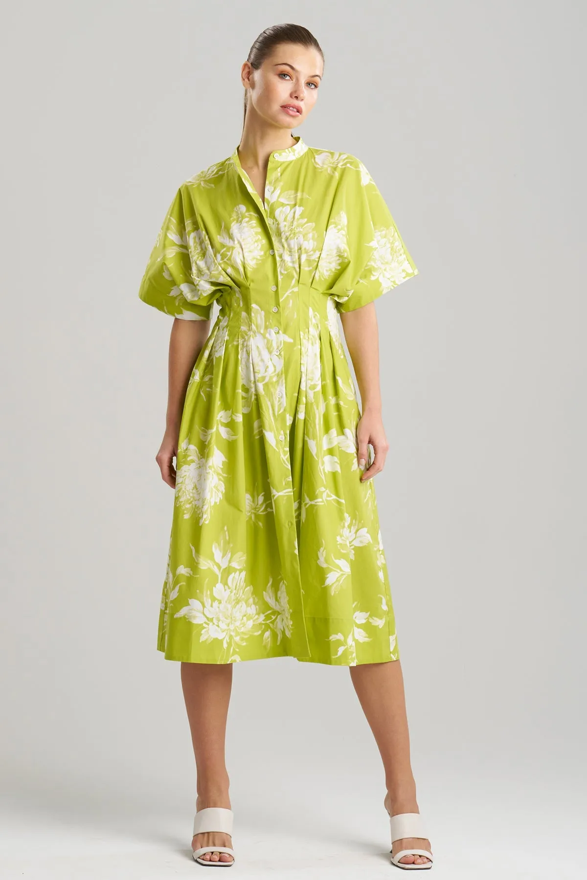 Miyako Printed Cotton Poplin Pleat Button Down Dress