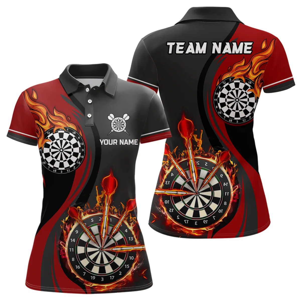 Multi Color Fire Flame Womens Darts Polo Shirt Custom Polo Shirts For Dart Lovers