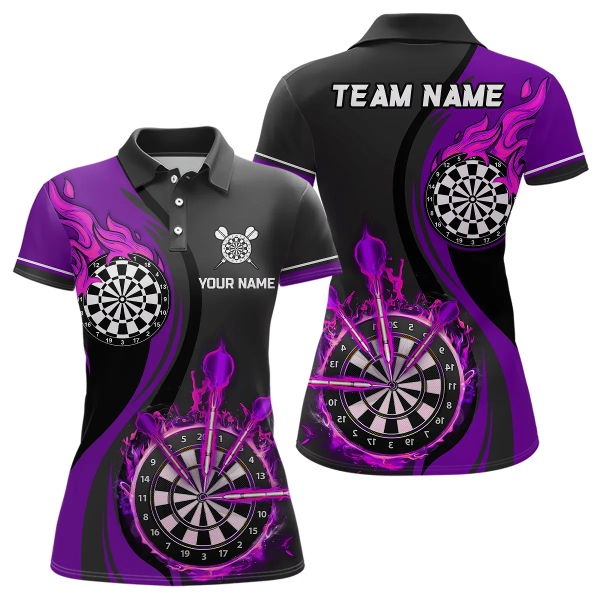 Multi Color Fire Flame Womens Darts Polo Shirt Custom Polo Shirts For Dart Lovers