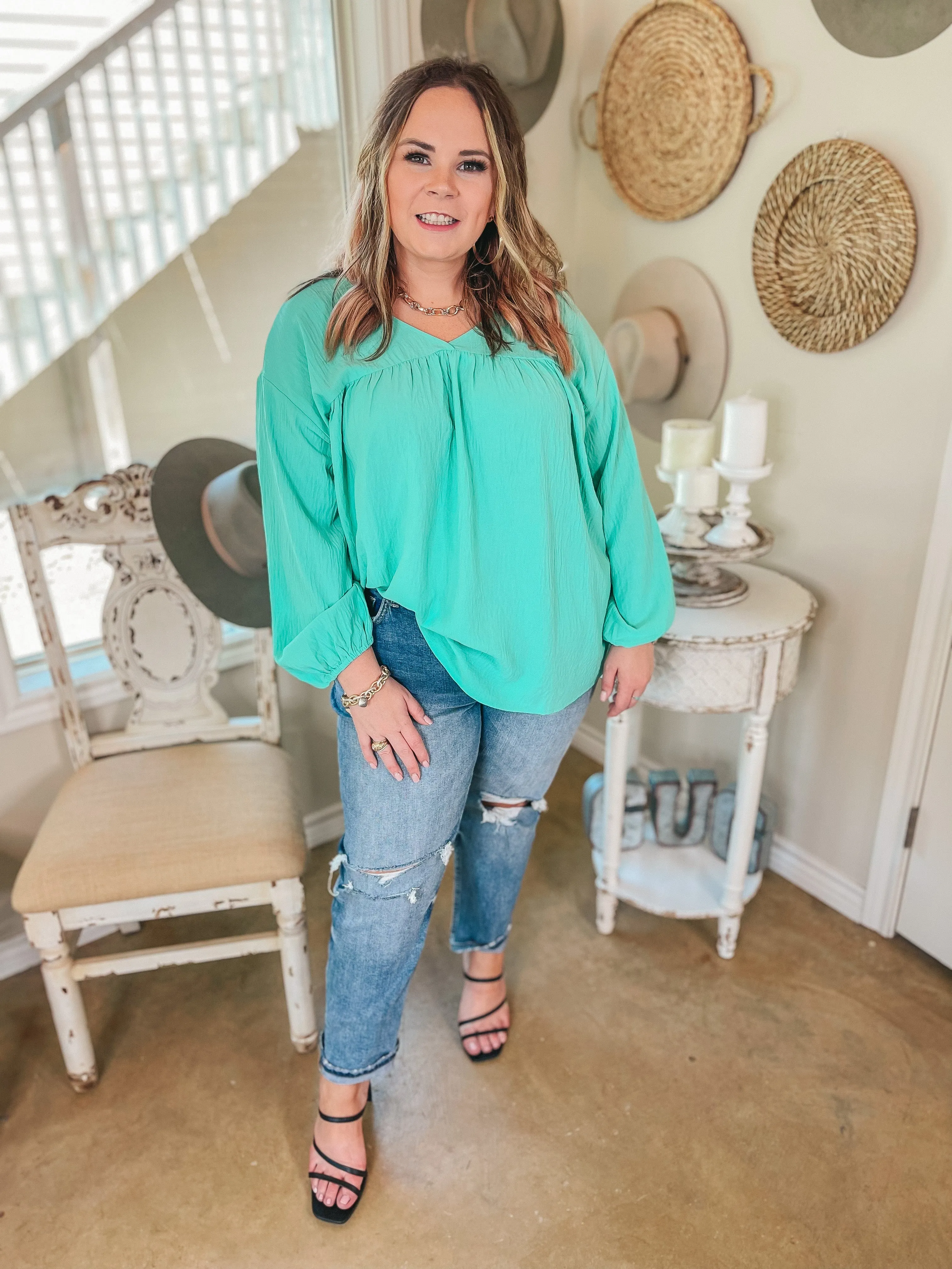 Office Feels Long Sleeve V Neck Babydoll Top in Mint