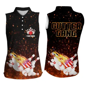 Personalized flame American flag Sleeveless polo bowling shirts for women, Custom Gutter gang shirt