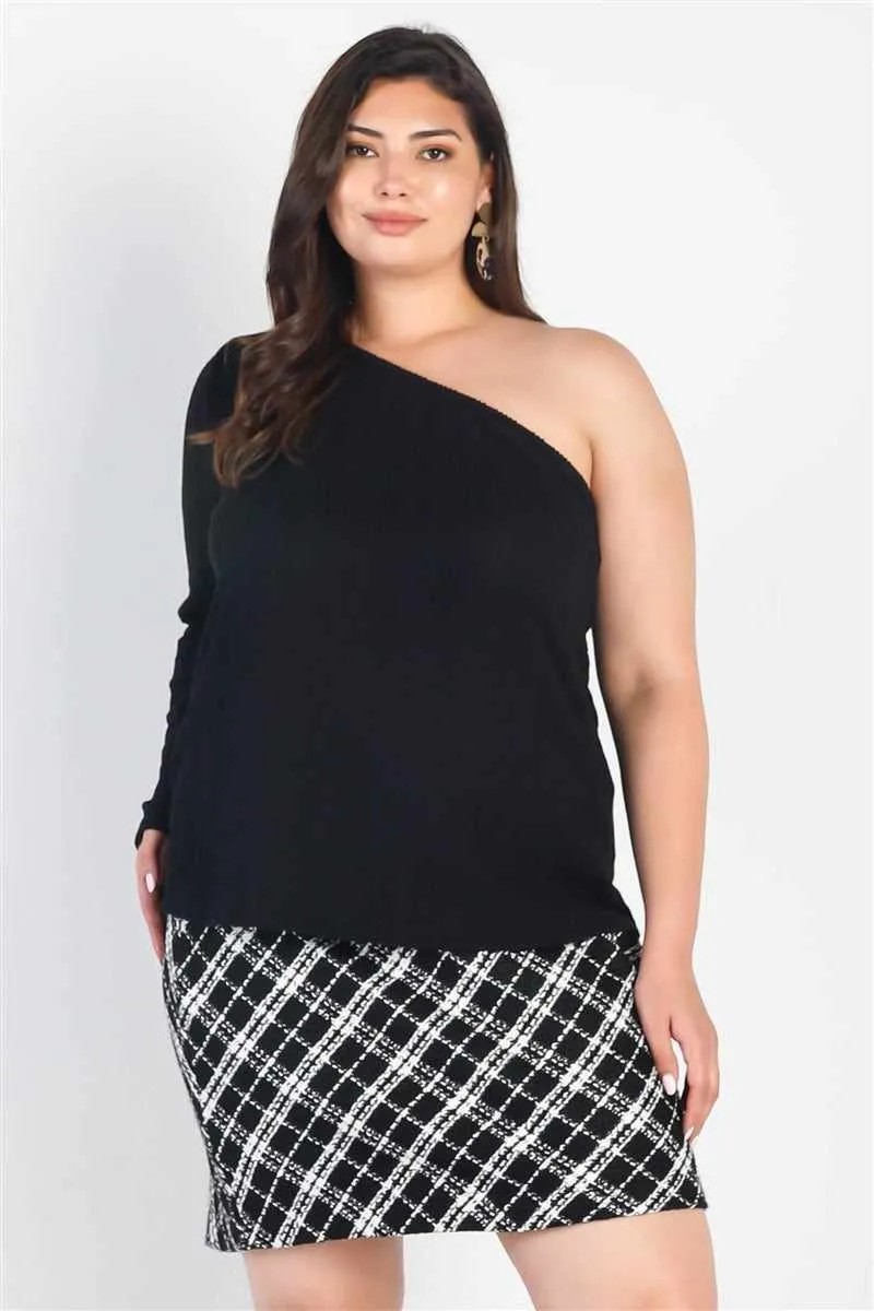 Plus Size Black Ribbed One Shoulder Top