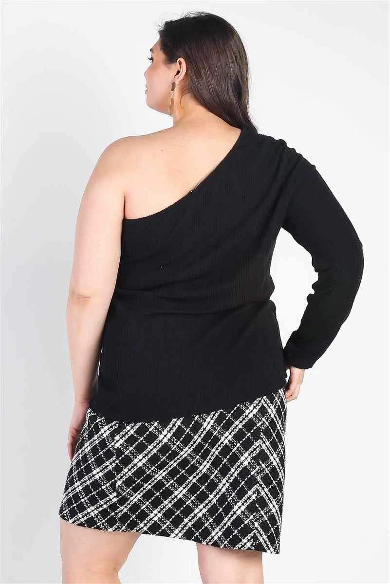 Plus Size Black Ribbed One Shoulder Top