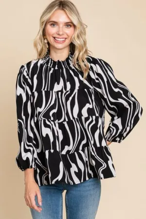 Printed Smock Neck Tiered Blouse