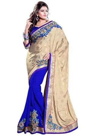 Sourbh Women Chiffon Patch Work Saree (5705 _Beige,Blue _Free Size)