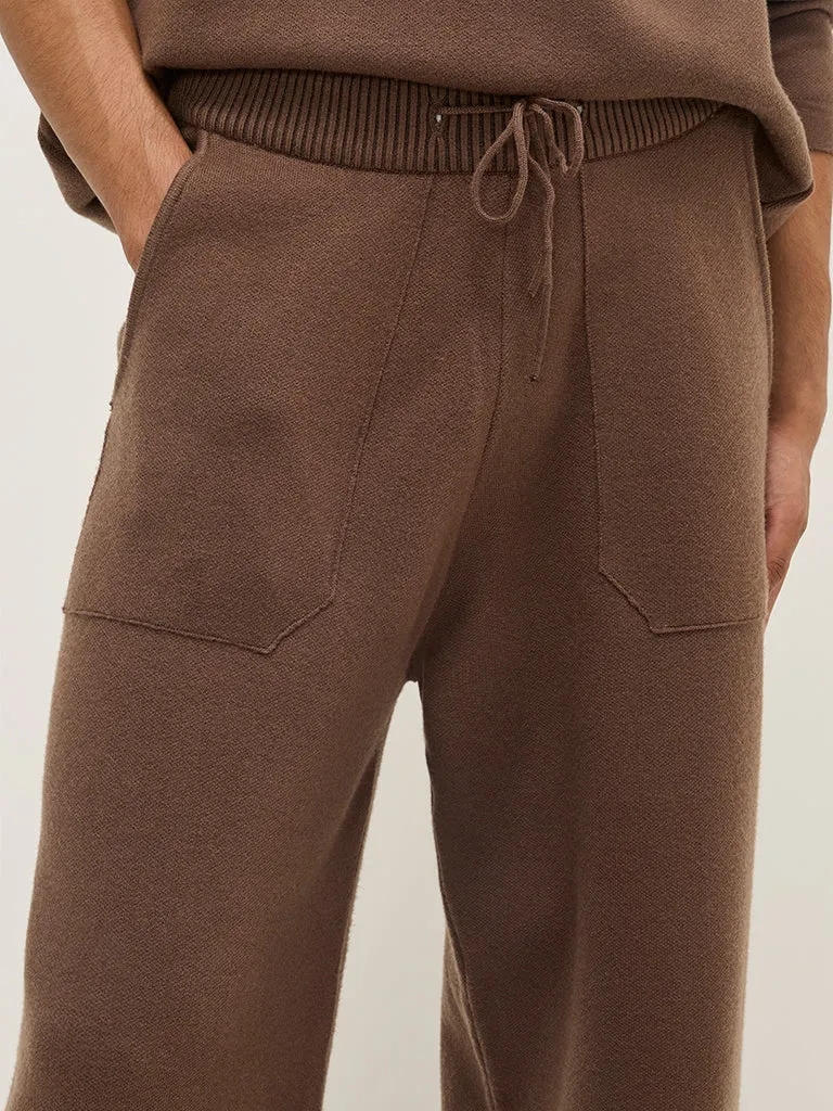 Studiofit Brown Knitted Relaxed-Fit Mid-Rise Track Pants