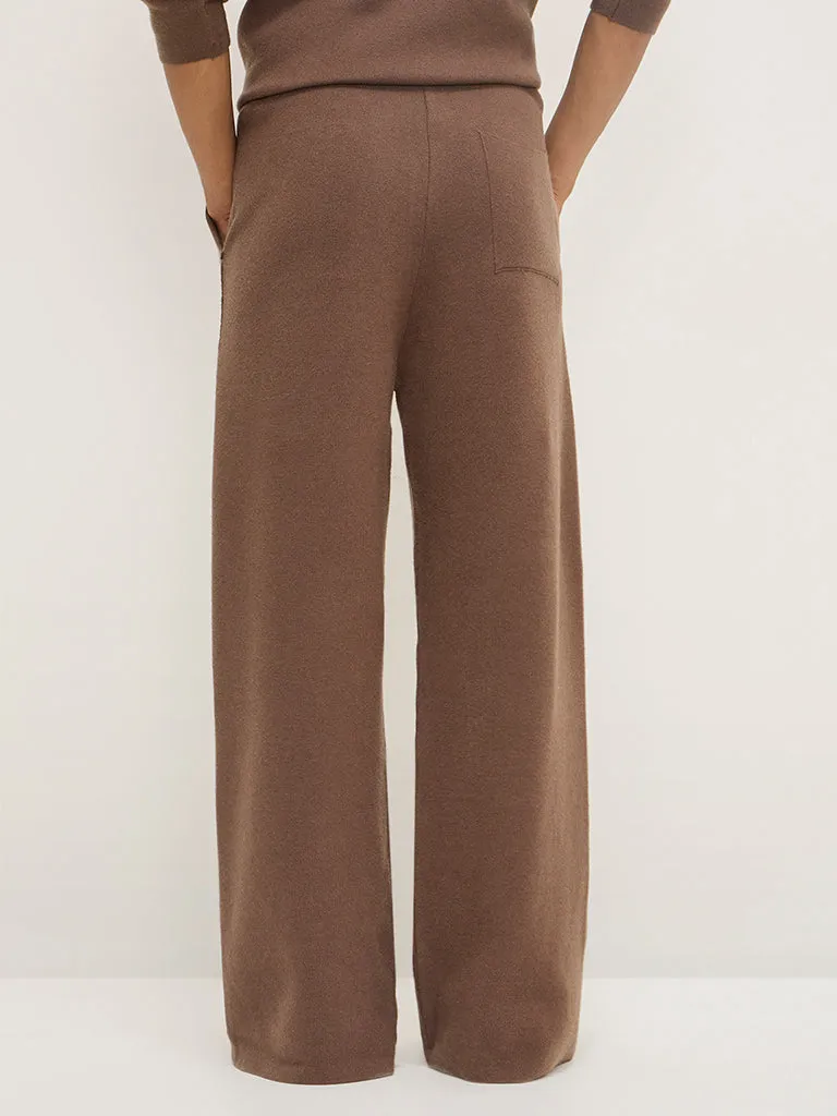 Studiofit Brown Knitted Relaxed-Fit Mid-Rise Track Pants