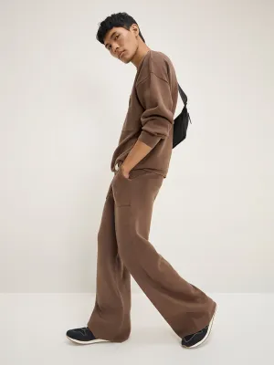 Studiofit Brown Knitted Relaxed-Fit Mid-Rise Track Pants