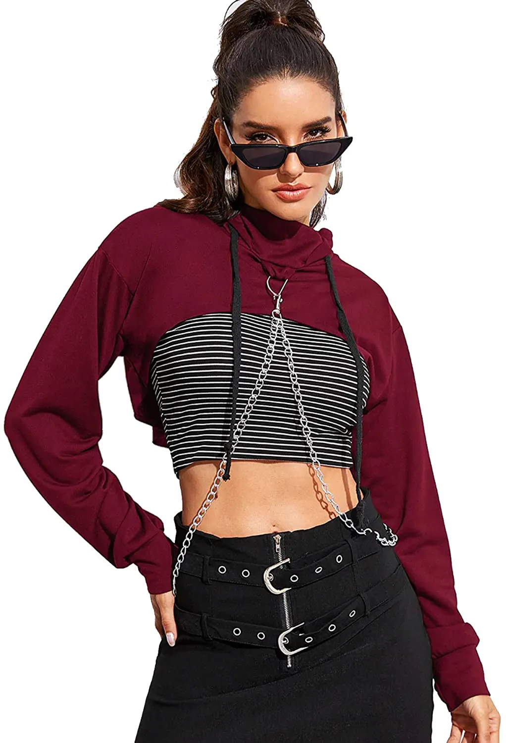 SweatyRocks Women's Solid Black Long Sleeve Pullover Crop Top Hoodie