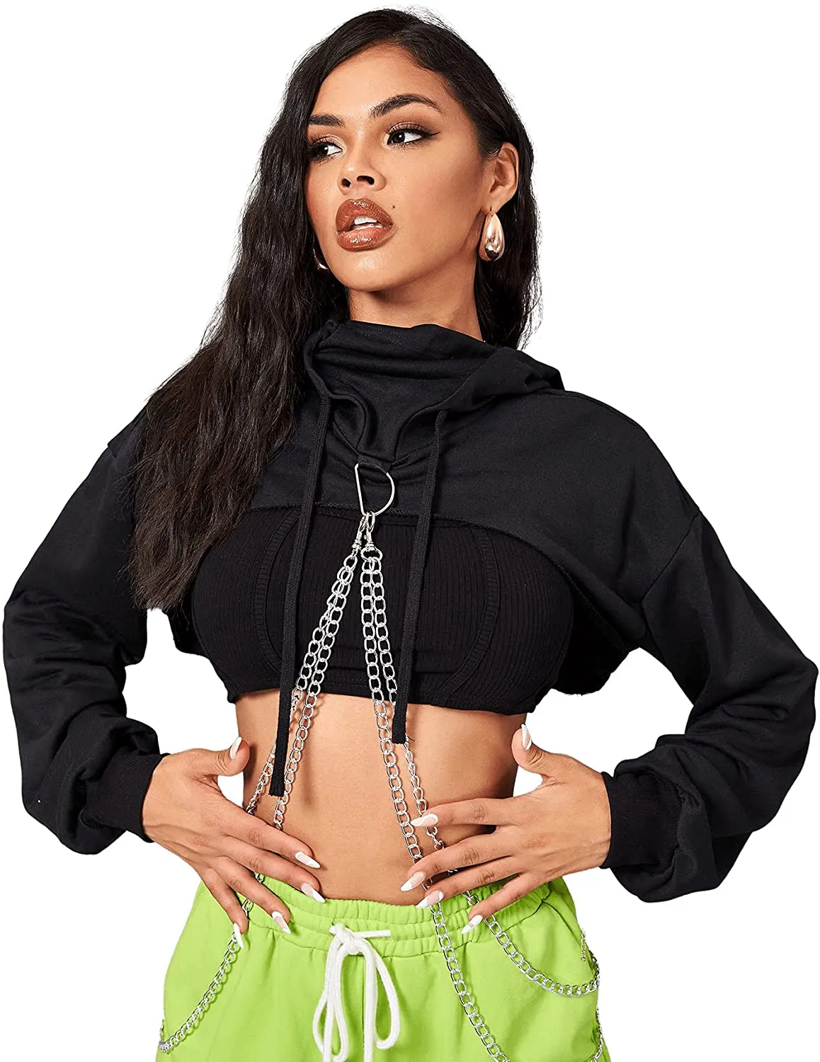 SweatyRocks Women's Solid Black Long Sleeve Pullover Crop Top Hoodie