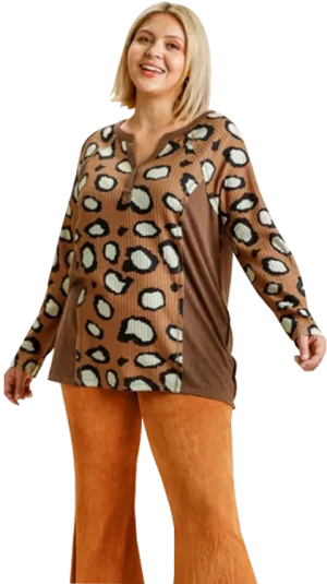 Umgee Plus Animal Print Waffle Knit Top