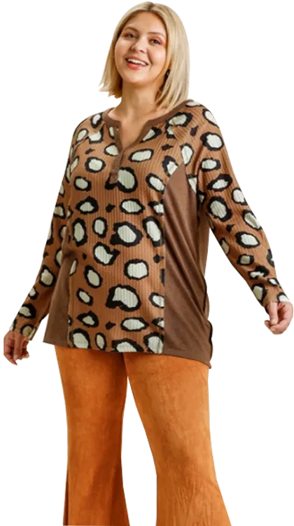 Umgee Plus Animal Print Waffle Knit Top