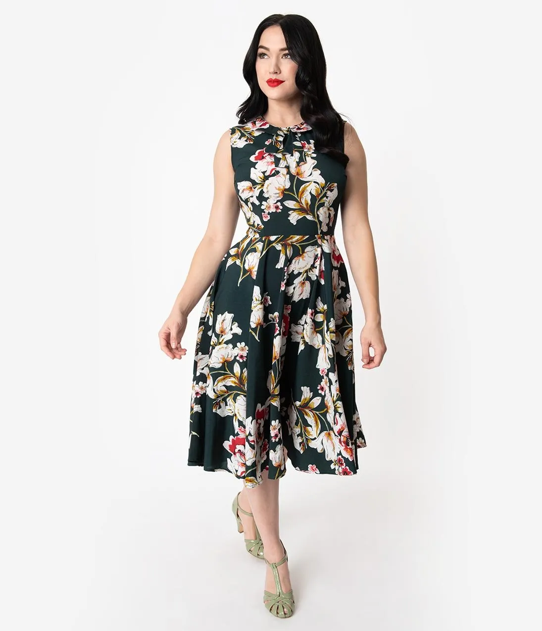 Unique Vintage 1940s Hunter Green & Pink Floral Olson Swing Dress